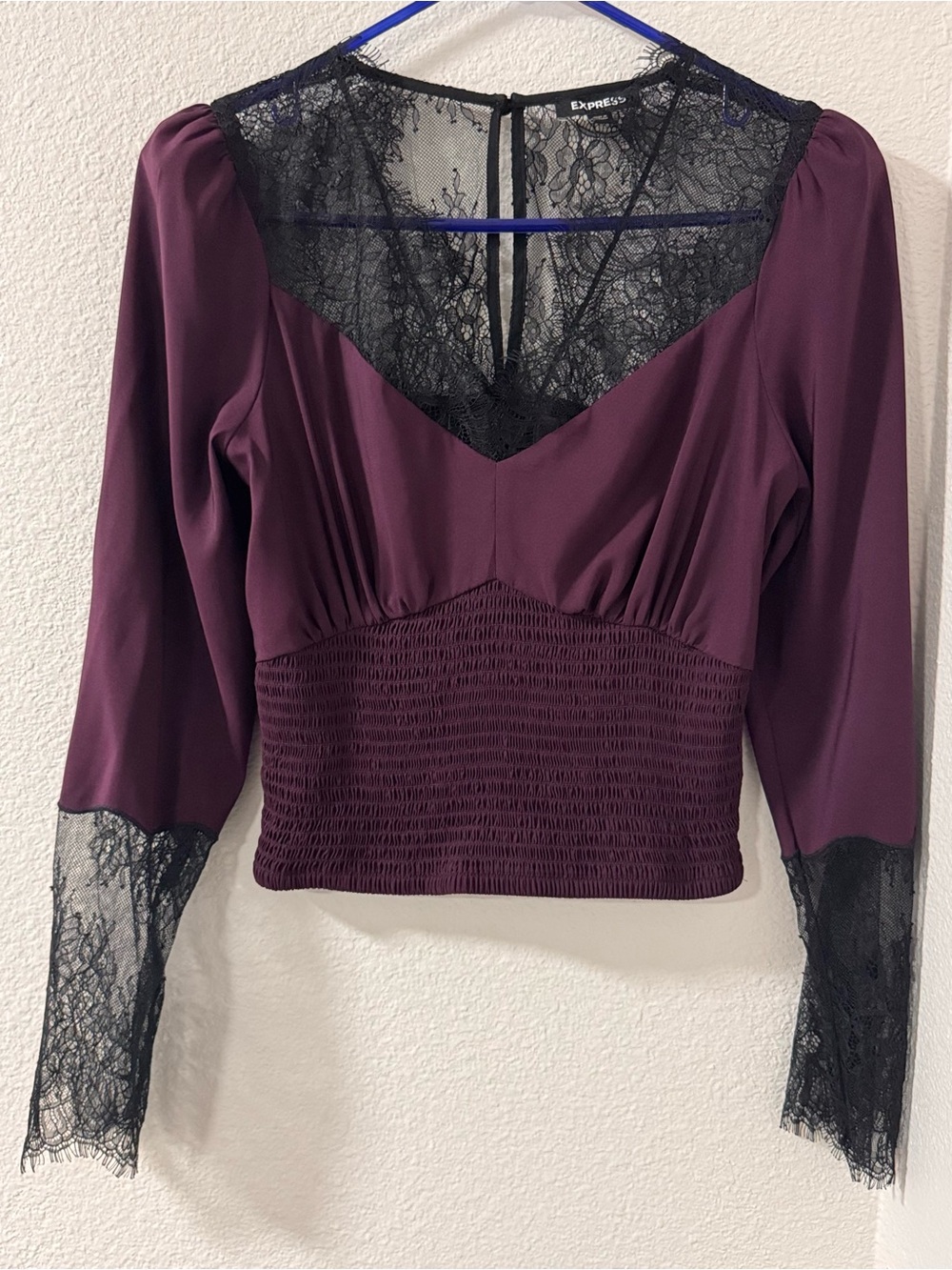 (NWOT) Express Women's Plum Long Sleeve Top with Black Lace Insets